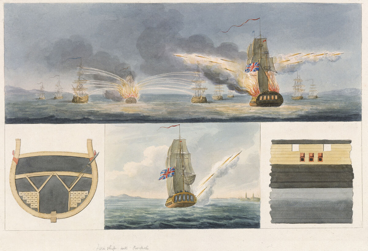 GFD 3/253: Britische Raketenschiffe feuern Congreve’sche Raketen ab (Aquarell, Künstler unbekannt, 1814)