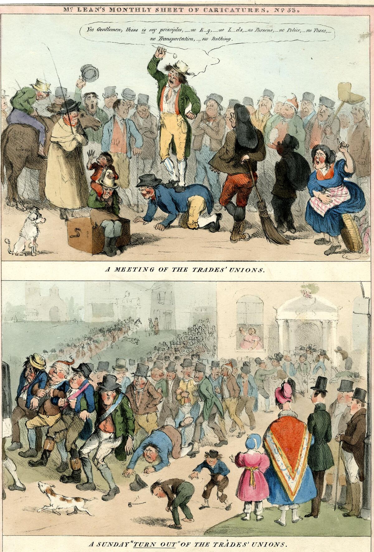 GFD 3/254: Ein Treffen der englischen Gewerkschaften mit Beispiel einer sonntäglichen «Wahlbeteiligung» (Lithografie zweier Karikaturen von Robert Seymour, 1834)