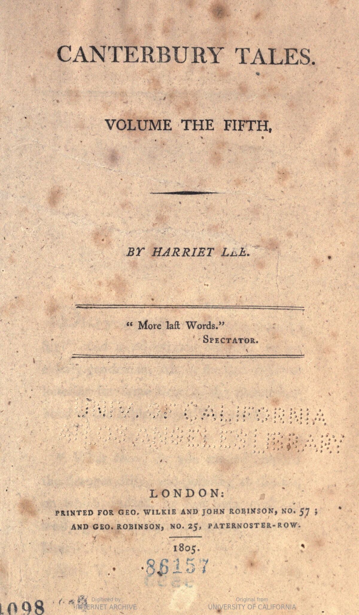 GFD 3/271: Titelblatt des fünften Bandes der «Canterbury Tales» von Harriet Lee, 1805