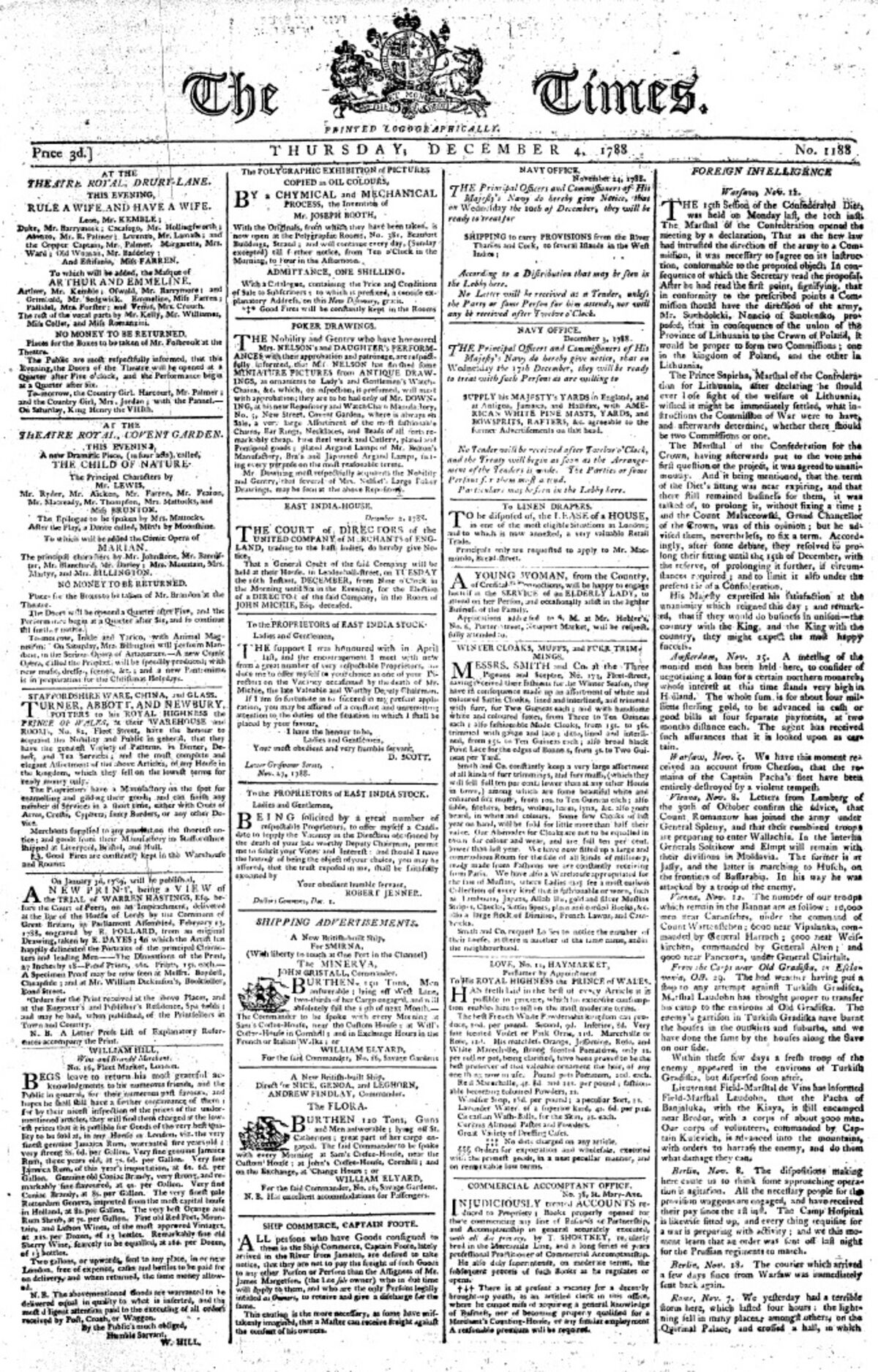 GFD 3/278: Frontseite der «Times» vom 4. Dezember 1788