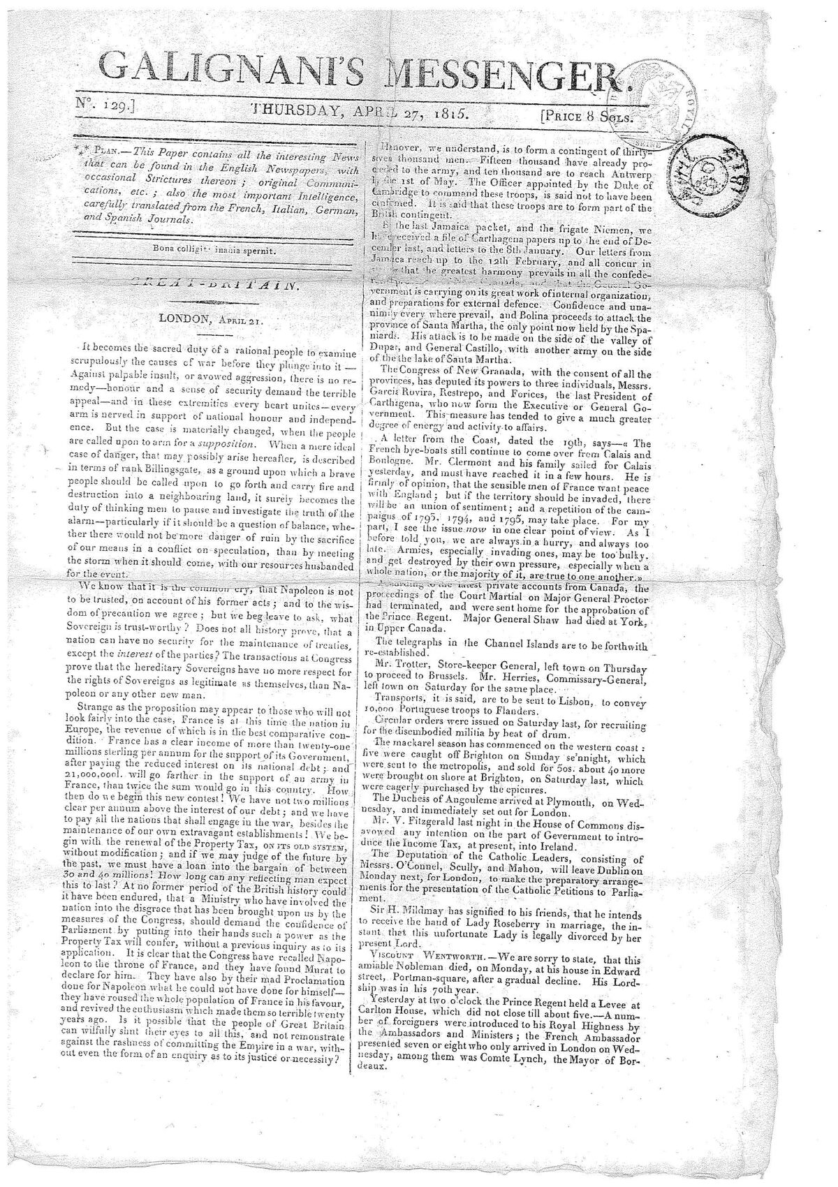 GFD 3/279: Frontseite von «Galignani’s Messenger» vom 27. April 1815