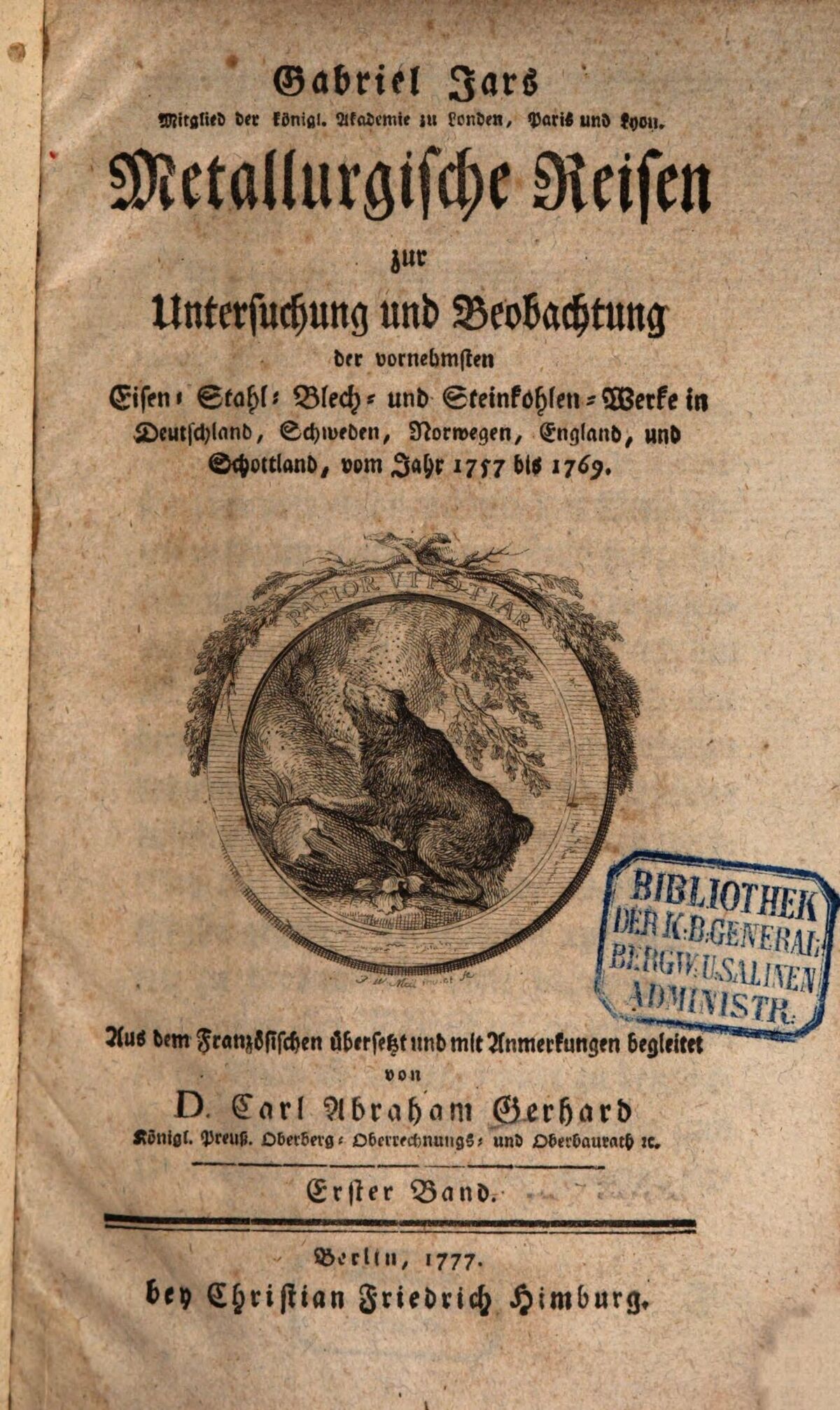 GFD 3/283: Titelblatt von Jars’ «Metallurgischen Reisen», 1777