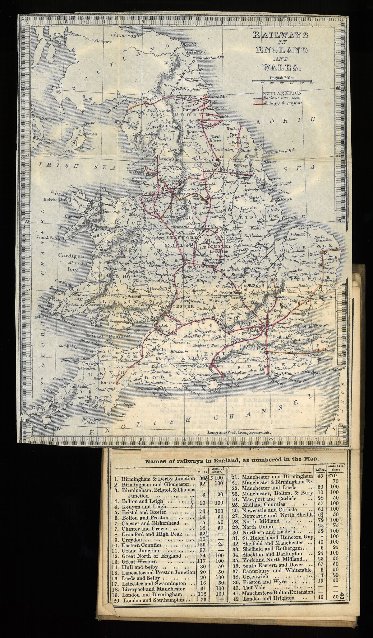 GFD 3/284: Karte und Bildlegende aus «Bradshaw’s Railway Companion» von 1841 mit dem Eisenbahnnetz in England und Wales