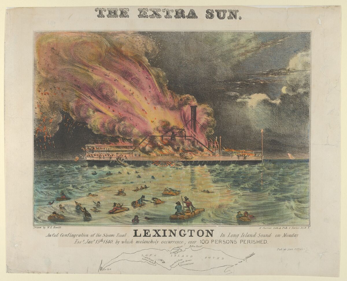 GFD 3/289: Feuersbrunst auf dem Dampfschiff Lexington im Long Island Sound am 13. Januar 1840 (kolorierte Lithografie von Nathaniel Currier, um 1840)