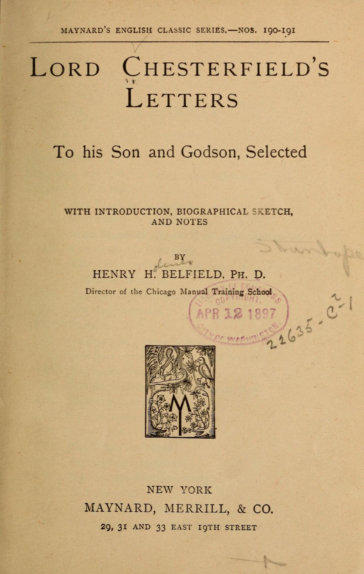 GFD 3/300: Titelblatt einer Ausgabe von ausgewählten Briefen Lord Chesterfields an seinen Sohn, ca. 1897