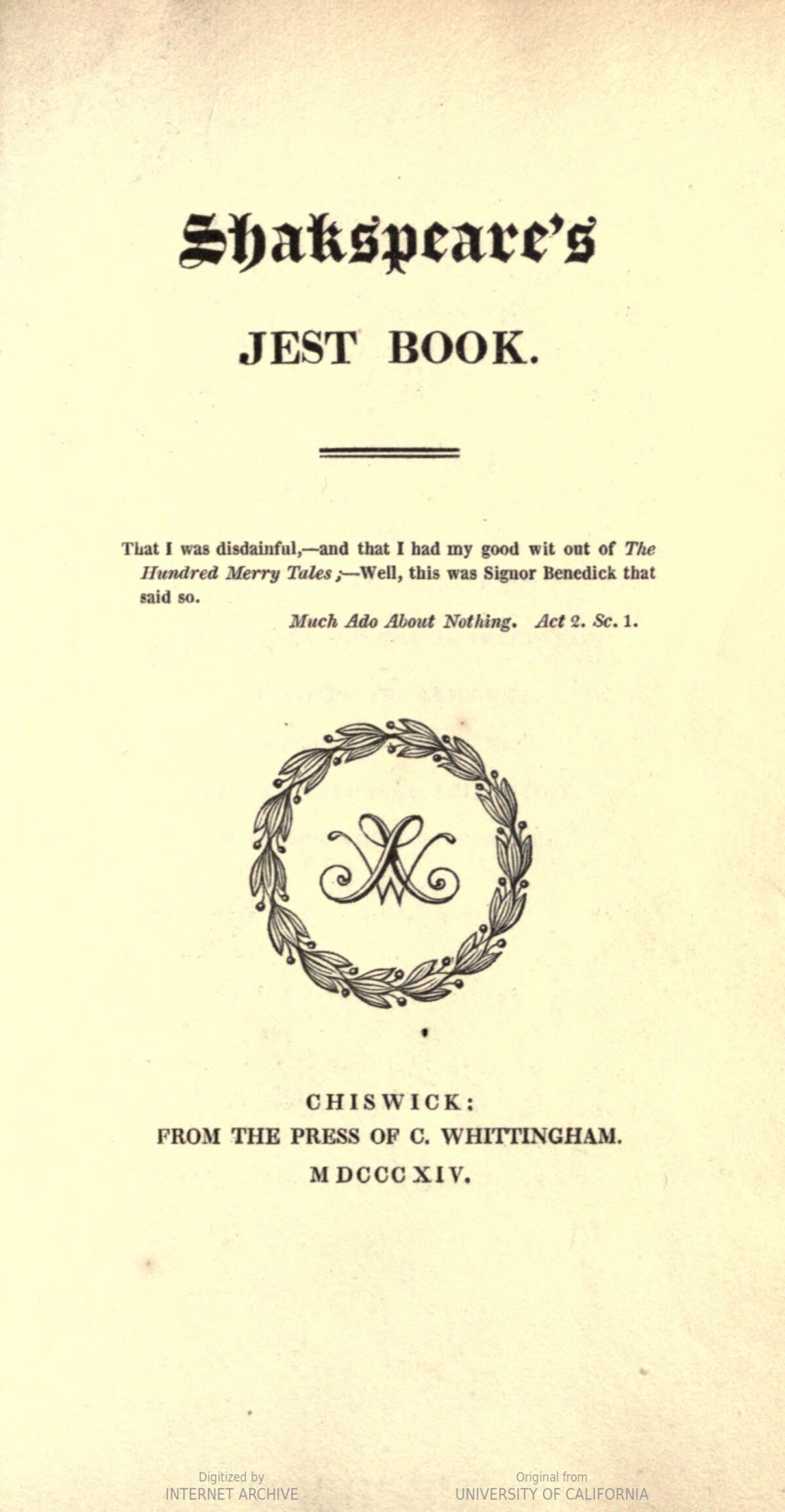 GFD 3/301: Titelblatt von «Shakespeare’s Jest Book», 1814