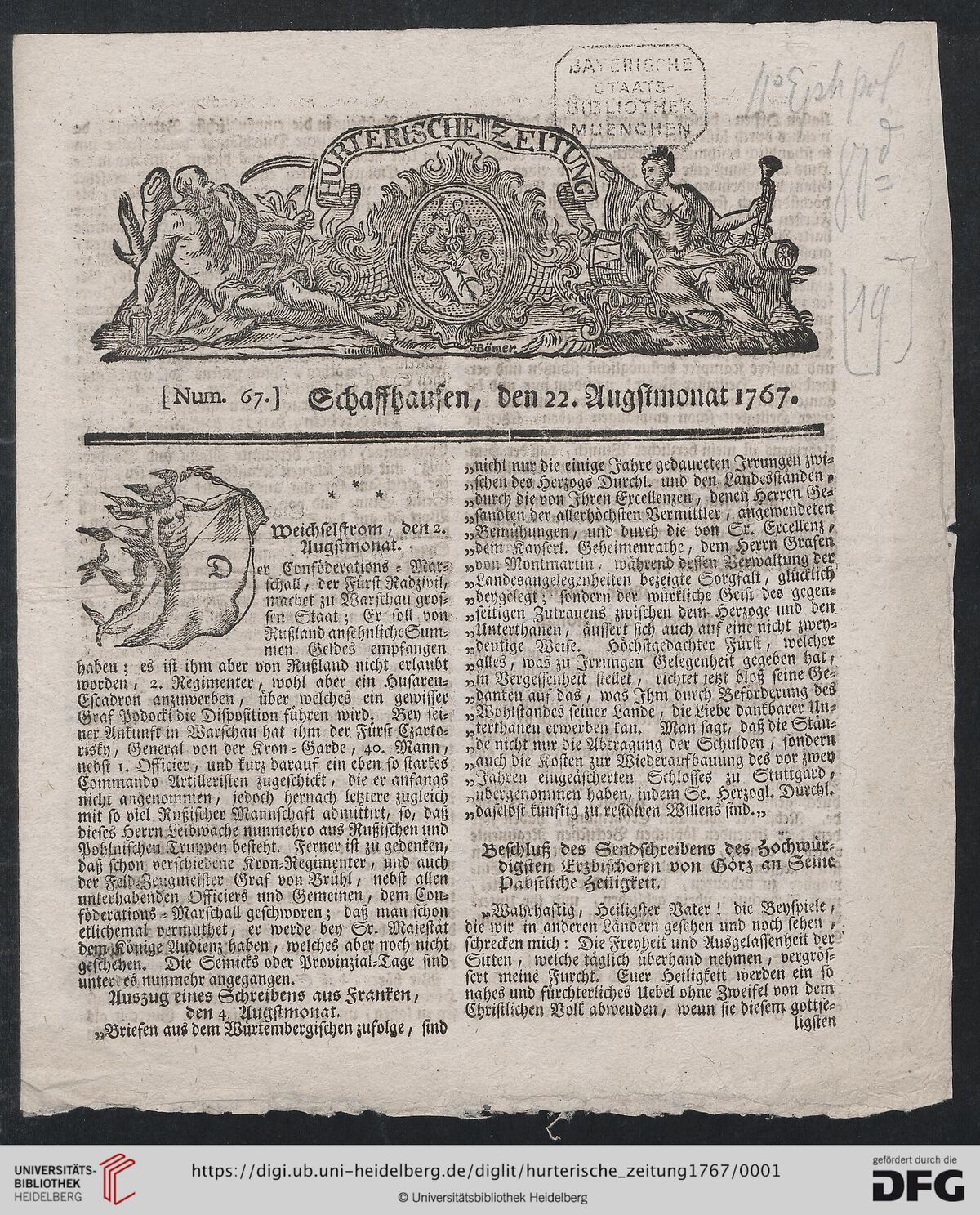 GFD 3/302: Frontseite der «Hurterischen Zeitung», später «Allgemeiner Schweizerischer Korrespondent», vom 22. August 1767