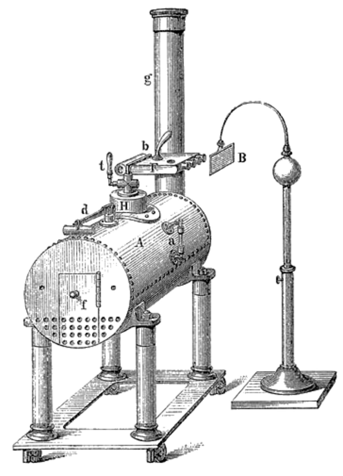 GFD 3/309: Armstrongs Hydroelektrische Maschine (Illustration in Meyers Konversationslexikon, um 1886)