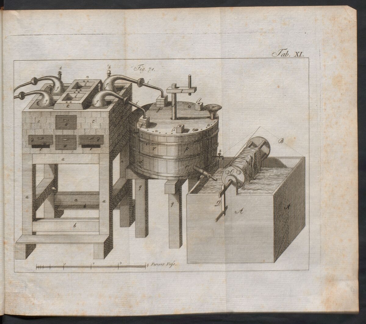 GFD 3/52: «Pajot’s Apparat zur Bereitung des Bleichwassers und zum Bleichen selbst» (Tafel XI aus Tenners Anleitung zum Geschwindbleichen, 1800)