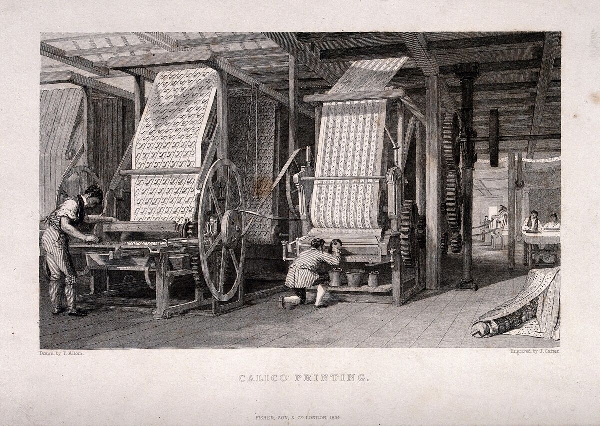 GFD 3/61: Kattundruckmaschine mit Walzen (Druck von James Carter nach Thomas Allom, 1834)