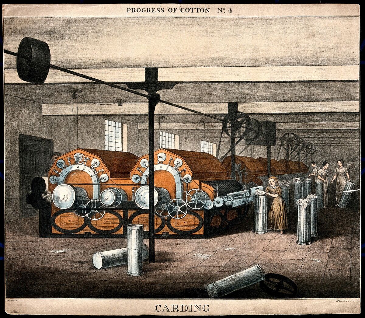 GFD 3/63: Women and children operating cotton-carding machines (coloured lithograph after James Richard Barfoot, c. 1840)