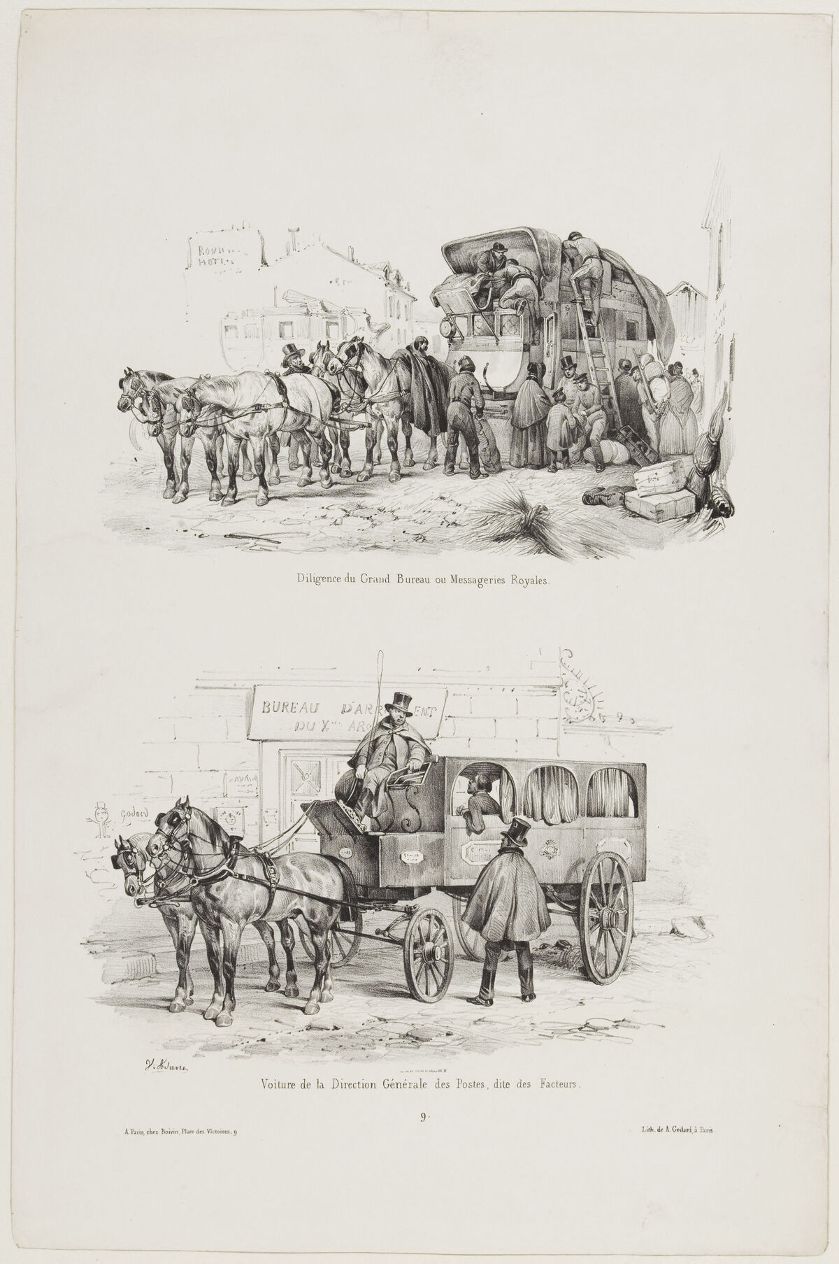 GFD 3/80: Diligence der Messageries Royales (oben) und Postwagen (unten) (Zeichnung von Jean-Victor Adam, um 1841–1844)